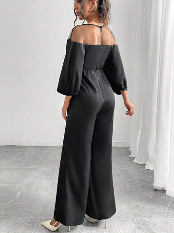 Women's Solid Color V-Neck Mesh Batwing Sleeve Jumpsuit, Autumn