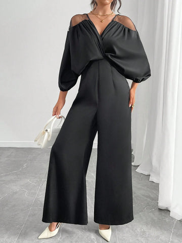 Women's Solid Color V-Neck Mesh Batwing Sleeve Jumpsuit, Autumn