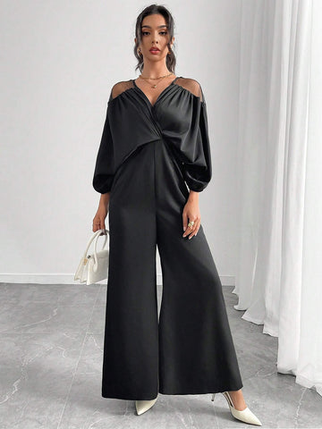 Women's Solid Color V-Neck Mesh Batwing Sleeve Jumpsuit, Autumn