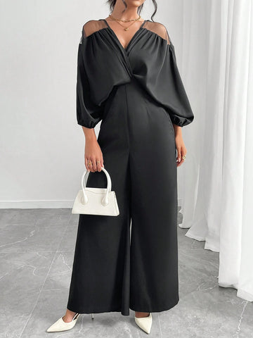 Women's Solid Color V-Neck Mesh Batwing Sleeve Jumpsuit, Autumn
