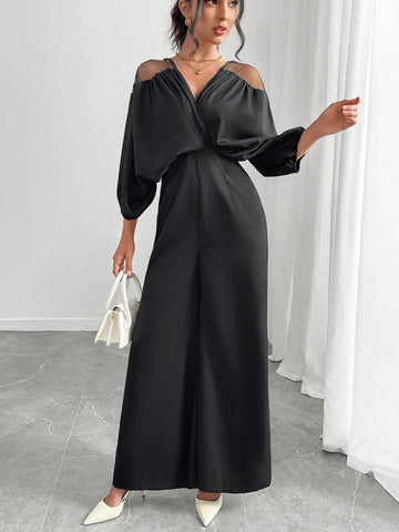 Women's Solid Color V-Neck Mesh Batwing Sleeve Jumpsuit, Autumn