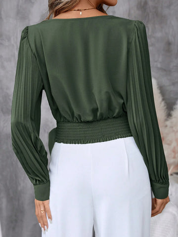Clasi Women's Solid Color V-Neck Pleated Long Sleeve Elegant Blouse, Spring Summer