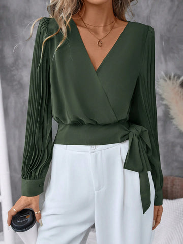 Clasi Women's Solid Color V-Neck Pleated Long Sleeve Elegant Blouse, Spring Summer