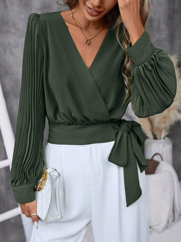 Clasi Women's Solid Color V-Neck Pleated Long Sleeve Elegant Blouse, Spring Summer