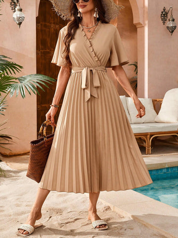 Women's Solid Color V-Neck Ruffled Short Sleeve Dress With Waist Belt