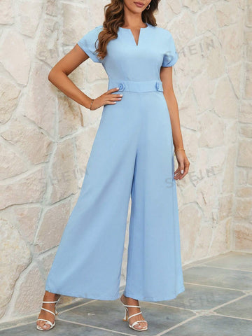 Women's Solid Color V-Neck Short Sleeve Jumpsuit With Notched Collar