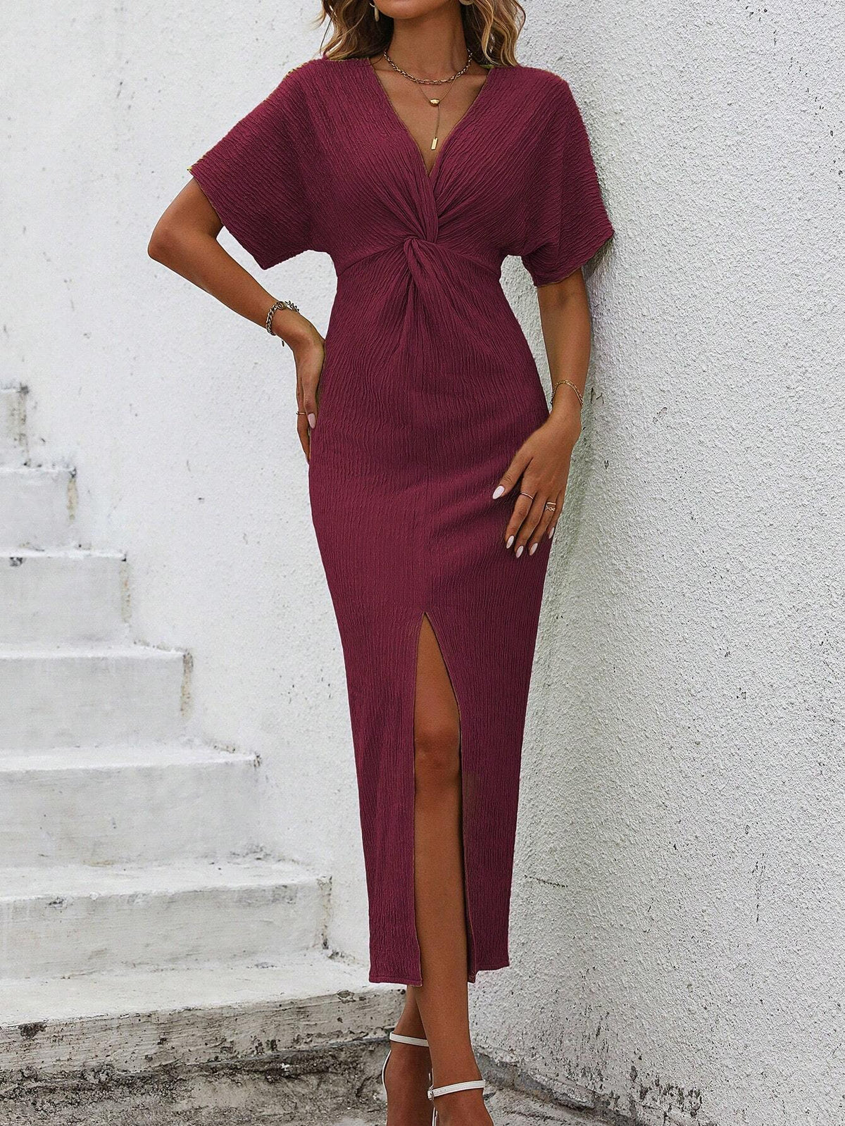 Women's Solid Color V-Neck Twist Front High Slit Short Sleeve Dress For Summer