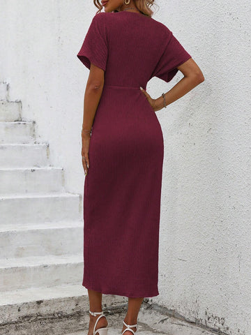 Women's Solid Color V-Neck Twist Front High Slit Short Sleeve Dress For Summer