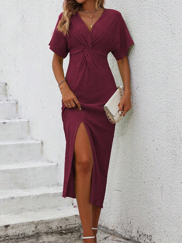 Women's Solid Color V-Neck Twist Front High Slit Short Sleeve Dress For Summer