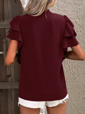 Clasi Women's Solid Color V Neck Ruffle Sleeve Loose Blouse