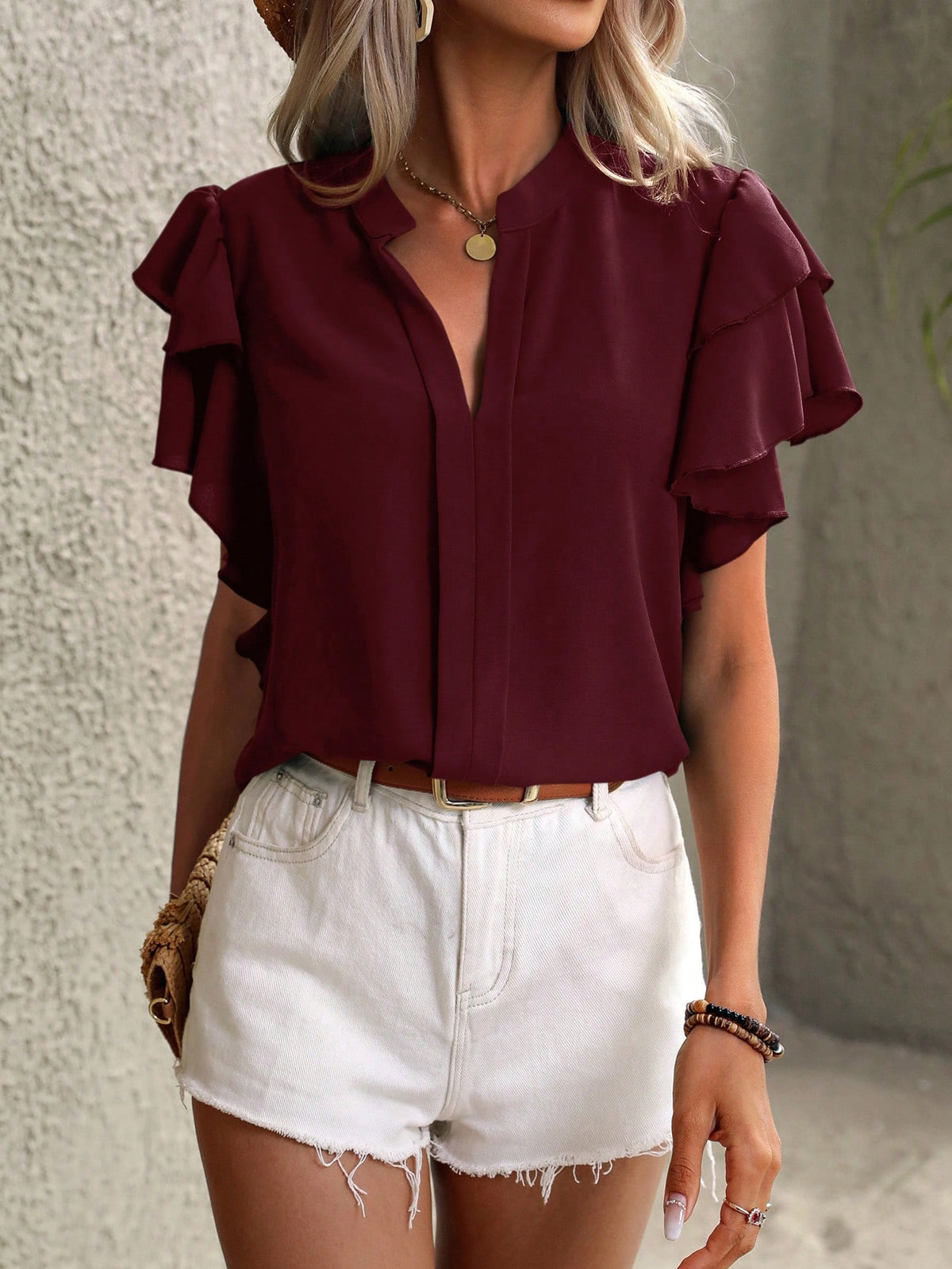 Clasi Women's Solid Color V Neck Ruffle Sleeve Loose Blouse