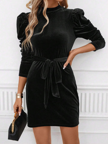 Women's Solid Stand Collar Puff Long Sleeve Short Elegant Dress, Fall/Autumn