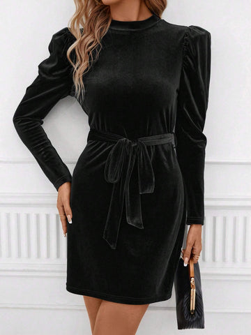 Women's Solid Stand Collar Puff Long Sleeve Short Elegant Dress, Fall/Autumn