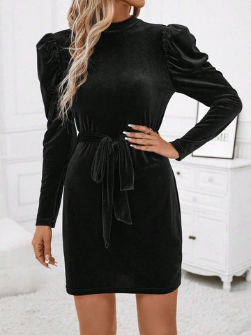 Women's Solid Stand Collar Puff Long Sleeve Short Elegant Dress, Fall/Autumn