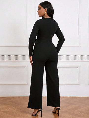 Women's Solid V-Neck Long Sleeve Jumpsuit, Casual Everyday Wear