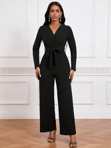 Women's Solid V-Neck Long Sleeve Jumpsuit, Casual Everyday Wear
