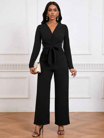 Women's Solid V-Neck Long Sleeve Jumpsuit, Casual Everyday Wear