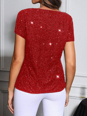 Clasi Women's Sparkle Short Sleeve Notched V-Neck Casual Blouse