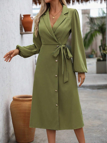 Women's Spring/Autumn Casual Solid Color Lantern Sleeve Wrap Dress With Tie Belt