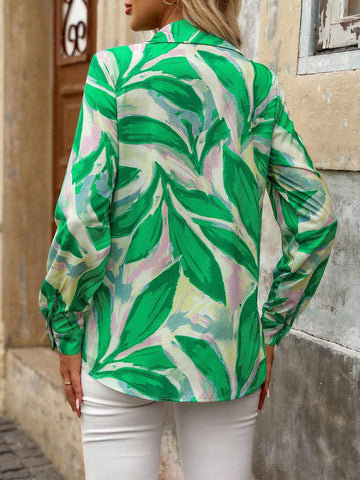 Clasi Women's Spring/Summer Loose-Fit Button Down Shirt With Plant Print, Long Sleeve