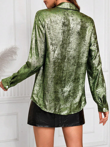 Clasi Women's Spring/Summer Metallic Feeling Long Sleeve Pocket Loose Casual Shirt