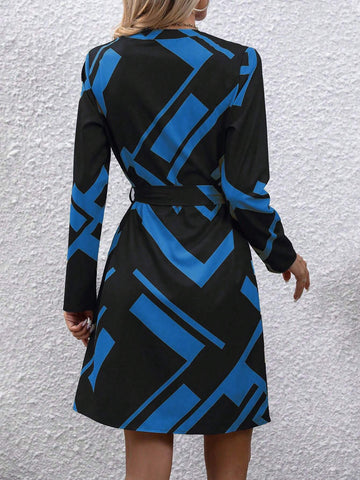 Women's Spring Autumn Geometric Print V-Neck Long Sleeve Straight Casual Dress