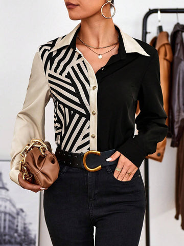 Clasi Women's Spring Autumn Striped Print Long Sleeve Loose Elegant Blouse