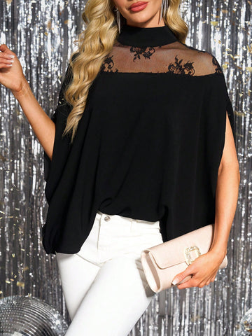 Clasi Women's Spring Cape Style Lace Patchwork Stand Collar Casual Shirt