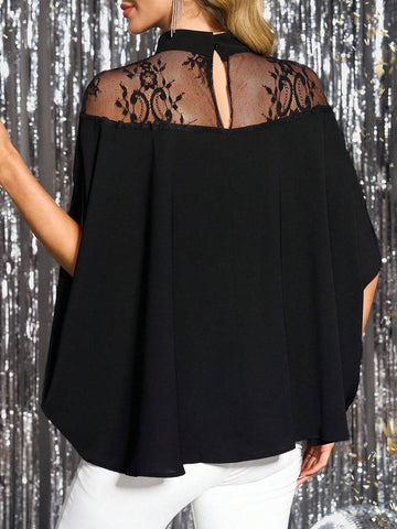 Clasi Women's Spring Cape Style Lace Patchwork Stand Collar Casual Shirt