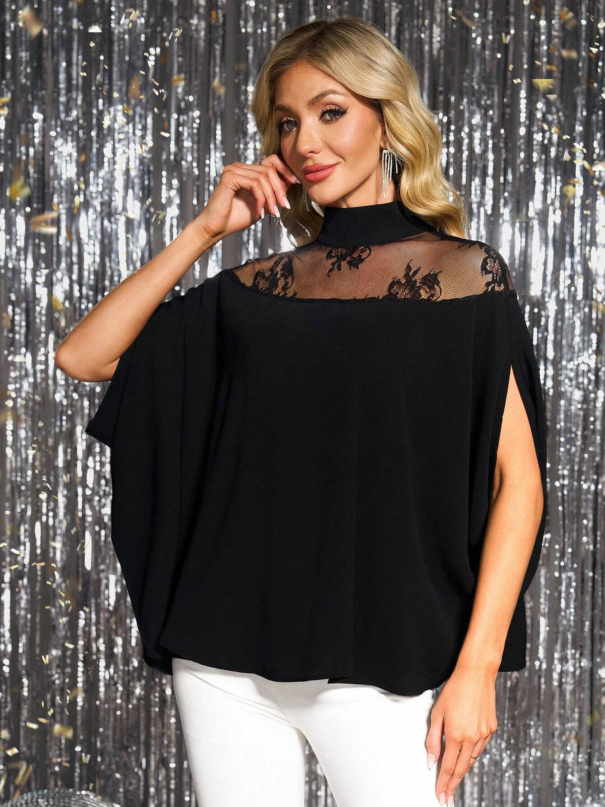 Clasi Women's Spring Cape Style Lace Patchwork Stand Collar Casual Shirt