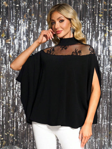 Clasi Women's Spring Cape Style Lace Patchwork Stand Collar Casual Shirt