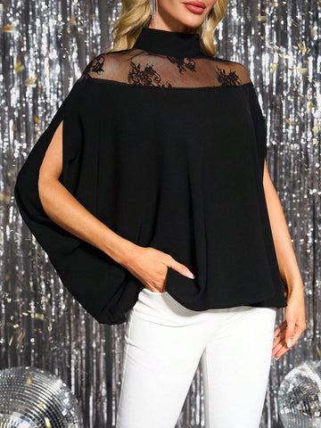 Clasi Women's Spring Cape Style Lace Patchwork Stand Collar Casual Shirt