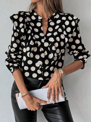 Clasi Women's Spring Summer Polka Dot Print Cutout V-Neck Ruffle Hem Elegant Blouse