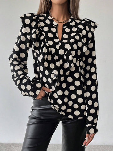 Clasi Women's Spring Summer Polka Dot Print Cutout V-Neck Ruffle Hem Elegant Blouse