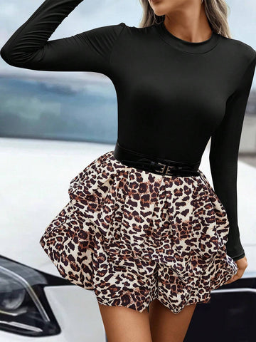 Women's Spring & Autumn Leopard Print Ruffle Hem Round Neck Long Sleeve Casual Dress