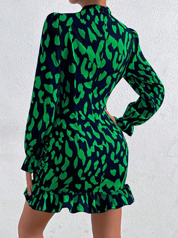Women's Spring & Summer Leopard Print Pleated Slim Fit Stand Collar Long Sleeve Dress