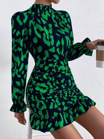 Women's Spring & Summer Leopard Print Pleated Slim Fit Stand Collar Long Sleeve Dress