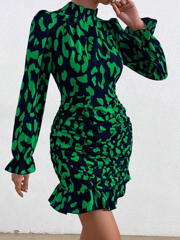 Women's Spring & Summer Leopard Print Pleated Slim Fit Stand Collar Long Sleeve Dress