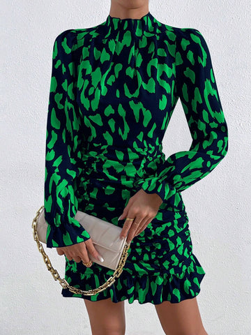 Women's Spring & Summer Leopard Print Pleated Slim Fit Stand Collar Long Sleeve Dress