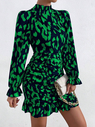 Women's Spring & Summer Leopard Print Pleated Slim Fit Stand Collar Long Sleeve Dress