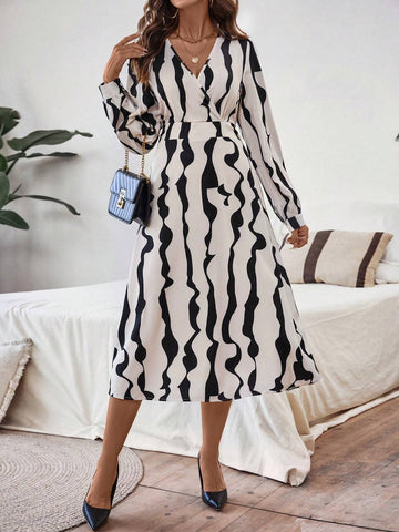 Women's Spring & Summer Long Sleeve V-Neck Crossed Striped Print Elegant Dress