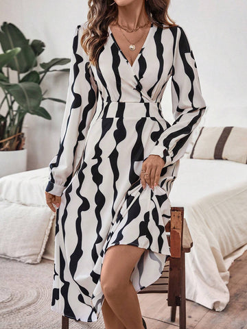 Women's Spring & Summer Long Sleeve V-Neck Crossed Striped Print Elegant Dress