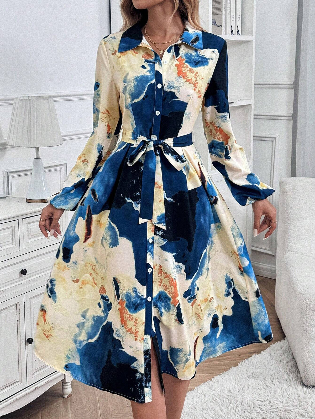 Women's Spring & Summer Tie-Dye Print Lantern Sleeve Long Elegant Shirt Dress