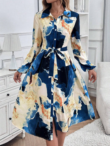 Women's Spring & Summer Tie-Dye Print Lantern Sleeve Long Elegant Shirt Dress