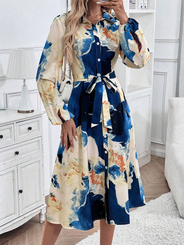 Women's Spring & Summer Tie-Dye Print Lantern Sleeve Long Elegant Shirt Dress
