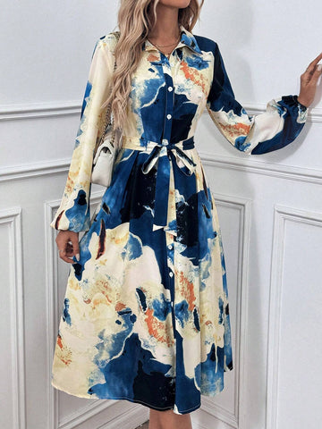 Women's Spring & Summer Tie-Dye Print Lantern Sleeve Long Elegant Shirt Dress