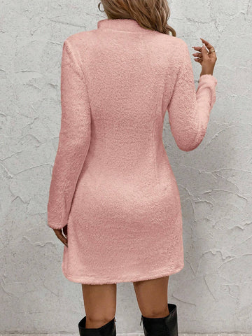 Women's Stand Collar Front Zipper Front Pocket Decor Fitted Short Plush White Sweater Dress,