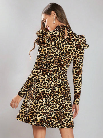 Women's Stand Collar Long Sleeve Leopard Print Casual Mini Dress