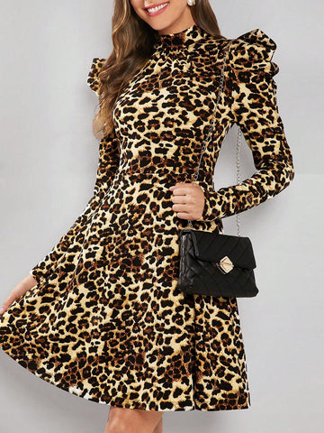 Women's Stand Collar Long Sleeve Leopard Print Casual Mini Dress