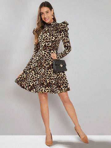 Women's Stand Collar Long Sleeve Leopard Print Casual Mini Dress